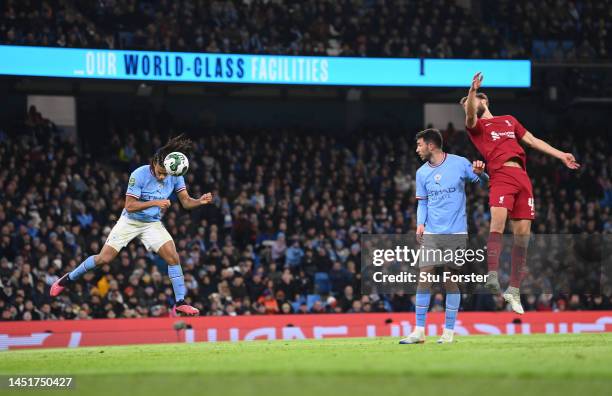 Nathan Ake of Manchester City heads the third City goal in during the Carabao Cup Fourth Round match between Manchester City and Liverpool at Etihad...