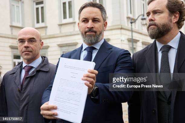 The vice president of Political Action and VOX MEP Jorge Buxade; the president of Vox, Santiago Abascal and the parliamentary spokesman of Vox in...