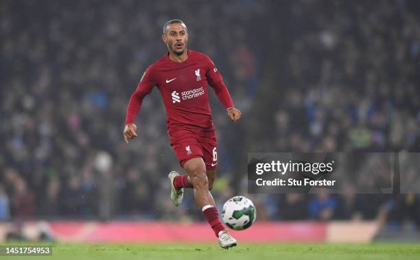 Liverpool player Thiago Alcantara in action during the Carabao Cup Fourth Round match between Manchester City and Liverpool at Etihad Stadium on...