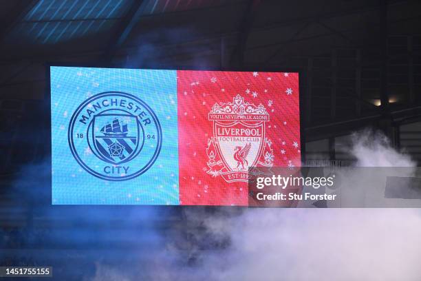 The two teams and their club crests appear on the big screen during the Carabao Cup Fourth Round match between Manchester City and Liverpool at...