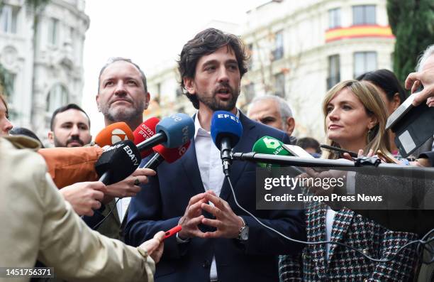 The spokesperson of Ciudadanos in the European Parliament, Adrian Vazquez, attends to the media upon his arrival to the presentation of the candidacy...