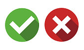 red cross and green check mark, round shape, vector