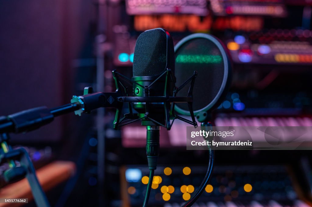 Microphone in a professional recording or radio studio