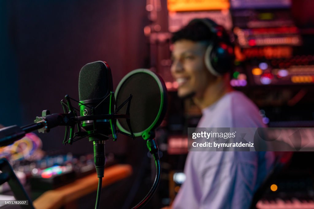 Music producer in music studio