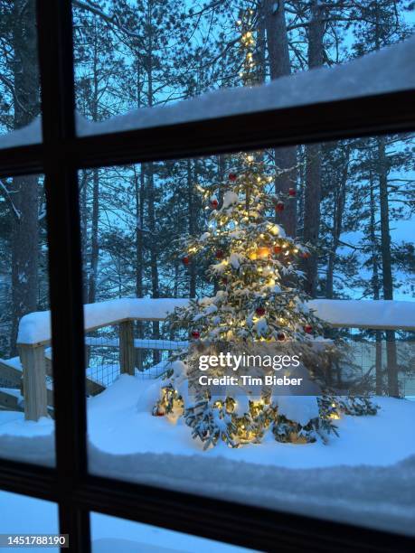 christmas tree through the window on snowy day. - jesus calming the storm stock pictures, royalty-free photos & images