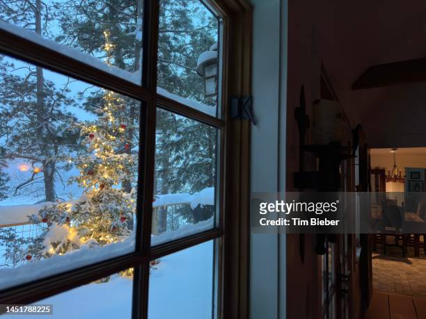 christmas tree through the window on snowy day. - jesus calming the storm - fotografias e filmes do acervo