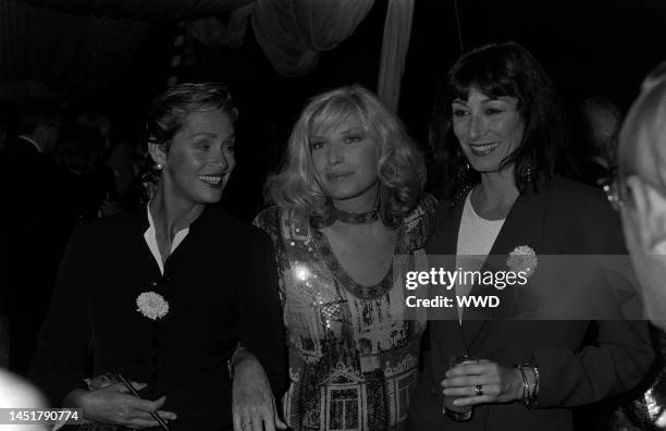 Model Lauren Hutton, actress Monica Vitti, and model Anjelica Huston attend dinner party after "Made in Milan" film screening. The film is directed...