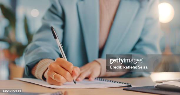 writing report, planning hands and business woman with accounting proposal, corporate strategy and project management at work. paper goal, secretary paperwork and signature for company documents - handwriting stockfoto's en -beelden