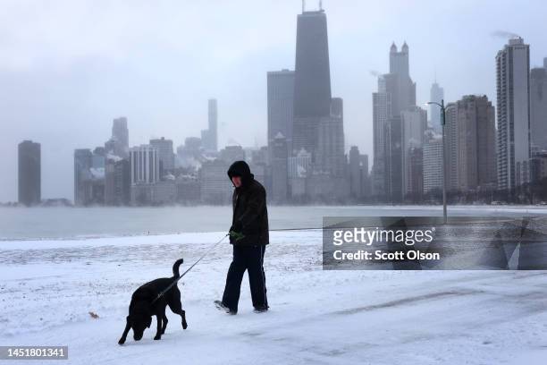 Man walks his dog along the lakefront near downtown as temperatures hover about -6 degrees on December 22, 2022 in Chicago, Illinois. Sub-zero...