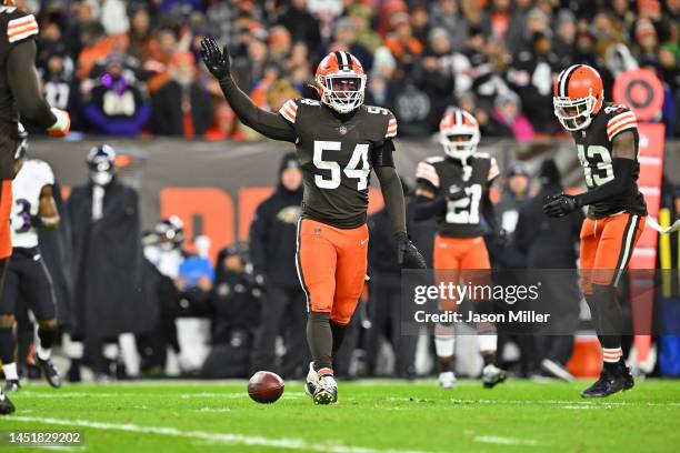 Linebacker Deion Jones of the Cleveland Browns celebrates after a play during the second half against the Baltimore Ravens at FirstEnergy Stadium on...