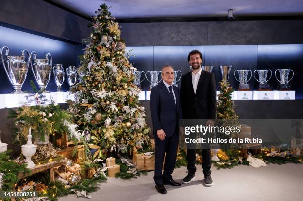 Florentino Pérez, president of Real Madrid and Sergio Llull, player of Real Madrid seen at the Real Madrid Christmas Photocall at Estadio Santiago...