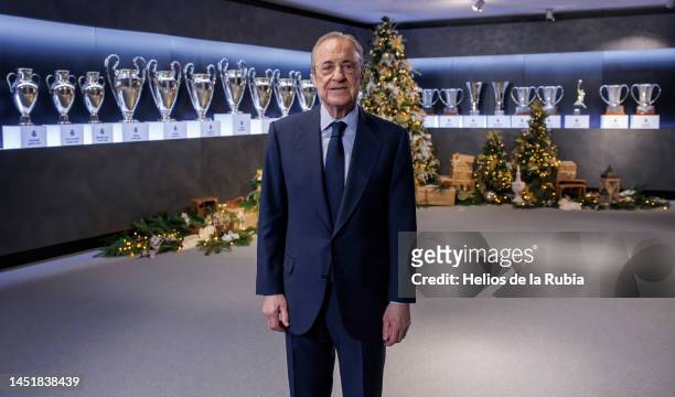Florentino Pérez, president of Real Madrid seen at the Real Madrid Christmas Photocall at Estadio Santiago Bernabeu on December 23, 2022 in Madrid,...