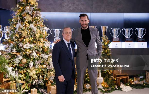 Florentino Pérez, president of Real Madrid and Rudy Fernandez, player of Real Madrid seen at the Real Madrid Christmas Photocall at Estadio Santiago...