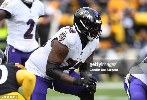 Morgan Moses of the Baltimore Ravens in action during the game against the Pittsburgh Steelers at Acrisure Stadium on December 11, 2022 in...