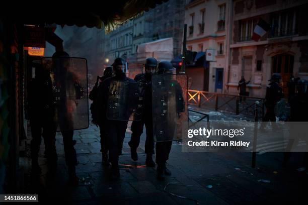 French Riot Police advance towards protestors as violence broke out after the visit of the French Interior Minister Gerald Darmanin to the scene of a...