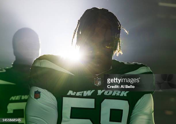 Quincy Williams of the New York Jets takes to the field before a game against the Detroit Lions at MetLife Stadium on December 18, 2022 in East...