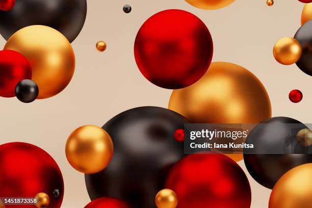 futuristic christmas festive background. beauty 3d gold, red and black circles, spheres. - red abstract christmas tree stock-fotos und bilder