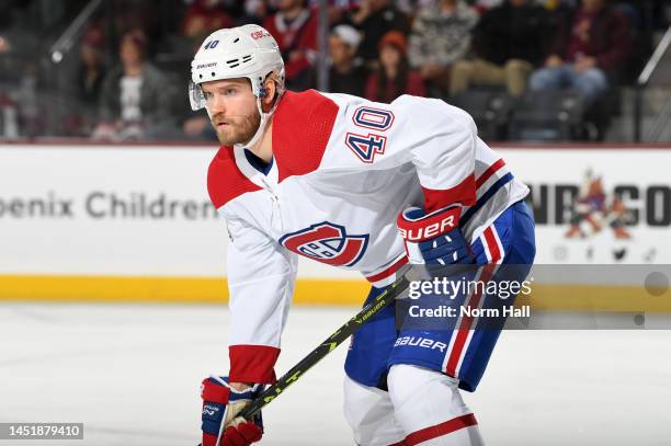 Joel Armia of the Montreal Canadiens gets ready during a face off against the Arizona Coyotes at Mullett Arena on December 19, 2022 in Tempe, Arizona.