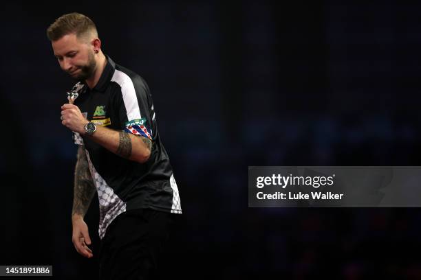 Danny Noppert of Netherlands reacts during his Second Round Match against David Cameron of Canada during Day Nine of The Cazoo World Darts...