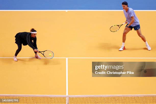 Sania Mirza and Holger Rune of Kites in action against Paula Badosa and Grigor Dimitrov of Falcons during their mixed doubles match during day five...