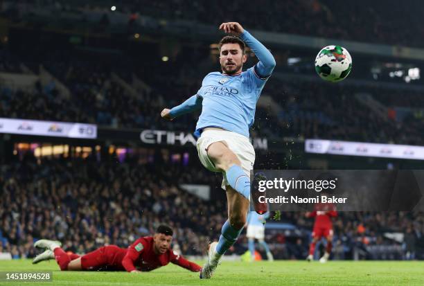 Aymeric Laporte of Manchester City clears the ball during the Carabao Cup Fourth Round match between Manchester City and Liverpool at Etihad Stadium...