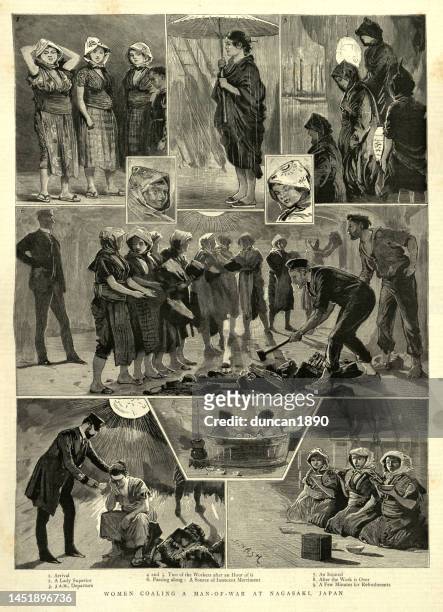 frauen beim bekohlen eines kriegsdampfers in nagasaki, japan, 1880er jahre, viktorianisches 19. jahrhundert - stoking stock-grafiken, -clipart, -cartoons und -symbole