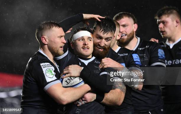 Falcons wing Mateo Carreras celebrates with team mates after scoring the first try during the Gallagher Premiership Rugby match between Newcastle...