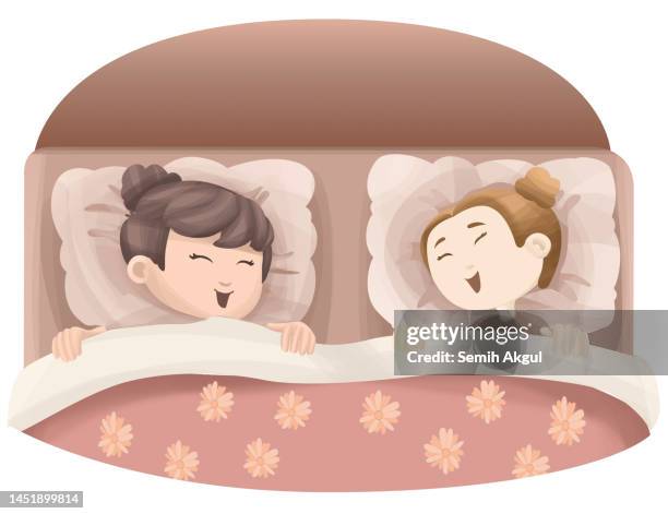 girl children siblings laughing in the bed cartoon illustration - girl friend playing bed stock illustrations