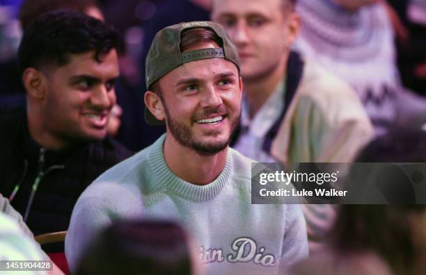 James Maddison, Leicester City and the England Footballer enjoys the darts during Day Nine of The Cazoo World Darts Championship at Alexandra Palace...