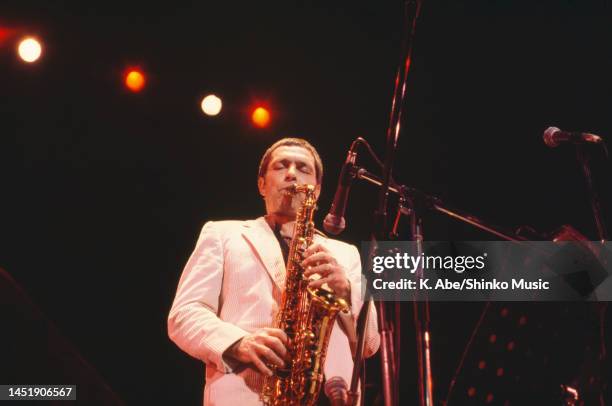 Art Pepper plays the alto sax, white jacket, unknown, circa 1970s.