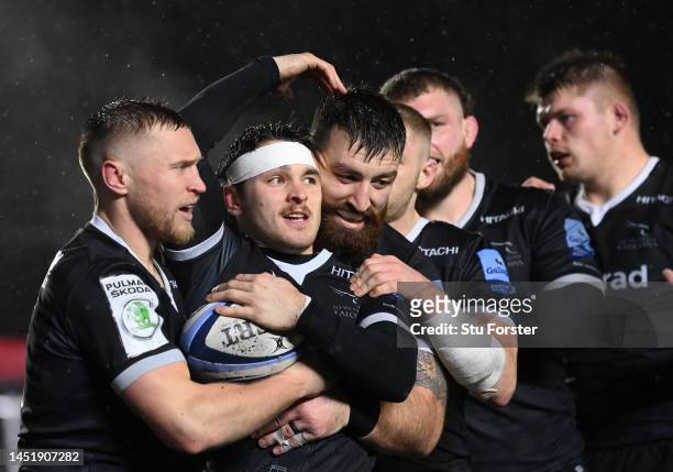 Falcons wing Mateo Carreras celebrates with team mates after scoring the first try during the Gallagher Premiership Rugby match between Newcastle...