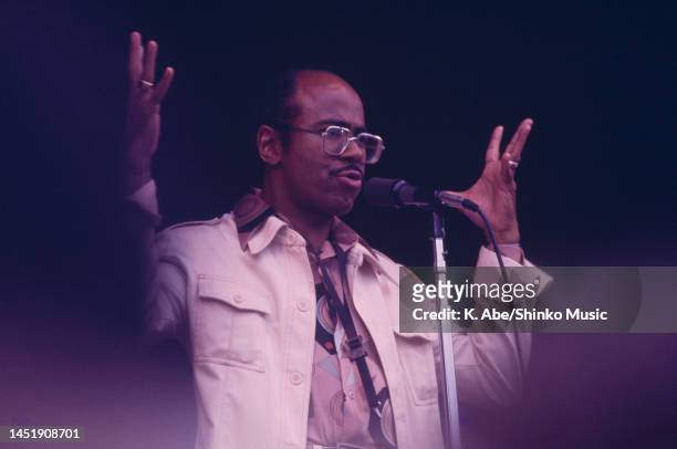 Benny Golson holds up, Monterey, California, United States, 20 September 1975.
