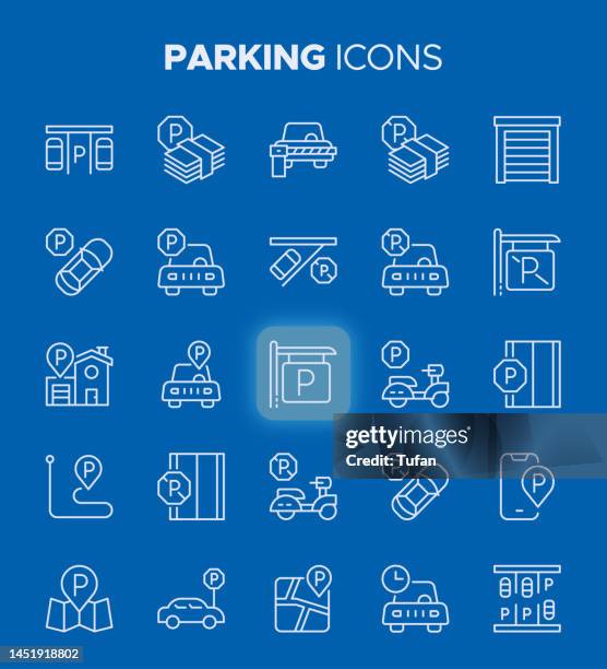 parking icons - parking lot, garage, car park and more symbols - car park stock illustrations