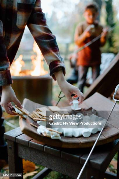 familie rösten marshmallows - smore stock-fotos und bilder