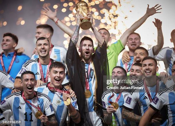 Lionel Messi of Argentina lifts the FIFA World Cup Qatar 2022 Winner's Trophy during the FIFA World Cup Qatar 2022 Final match between Argentina and...