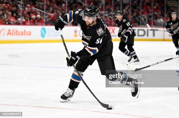 Erik Gustafsson of the Washington Capitals shoots the puck in the second period against the Winnipeg Jets at Capital One Arena on December 23, 2022...