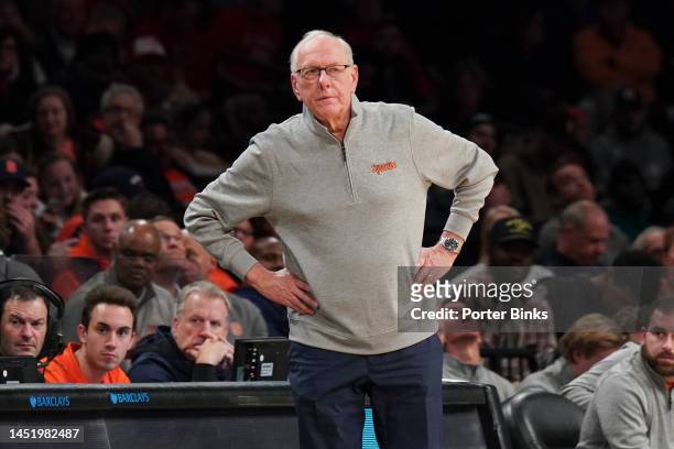 Head coach Jim Boeheim of the Syracuse Orange during the championship game of the Empire Classic at Barclays Center in the Brooklyn borough of New...