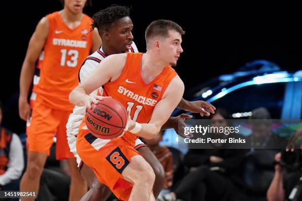 Joseph Girard III of the Syracuse Orange dribbles the ball against the St. John's Red Storm in the championship game of the Empire Classic at...