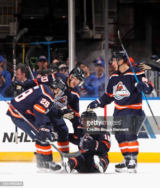 Zach Parise of the New York Islanders celebrates his third period goal against the Florida Panthers at UBS Arena on December 23, 2022 in Elmont, New...