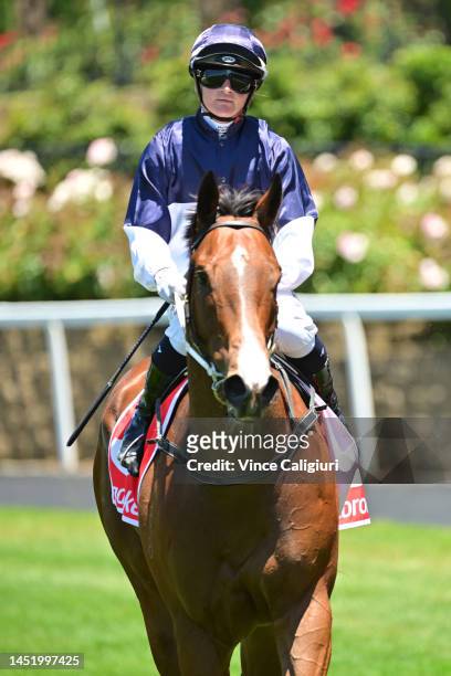 Jamie Kah riding Inundation after winning Race 3, the Sweeney Estate Agents Caroline Springs, during Melbourne Racing at Moonee Valley Racecourse on...