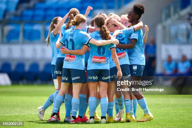 Mackenzie Hawkesby of Sydney FC celebrates scoring a goal with team mates during the round six A-League Women's match between Sydney FC and Western...
