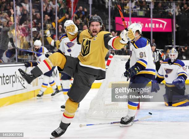 Mark Stone of the Vegas Golden Knights celebrates his second-period goal against the St. Louis Blues during their game at T-Mobile Arena on December...