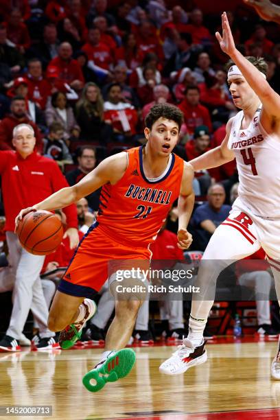 Xander Rice of the Bucknell Bison in action against the Rutgers Scarlet Knights during a game at Jersey Mike's Arena on December 23, 2022 in...