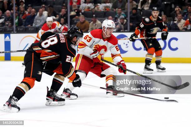 Adam Ruzicka of the Calgary Flames battles Nathan Beaulieu of the Anaheim Ducks for a loose puck during the first period of a game at Honda Center on...