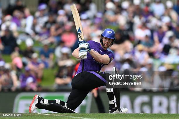 James Neesham of the Hurricanes hits a boundary during the Men's Big Bash League match between the Hobart Hurricanes and the Melbourne Renegades at...