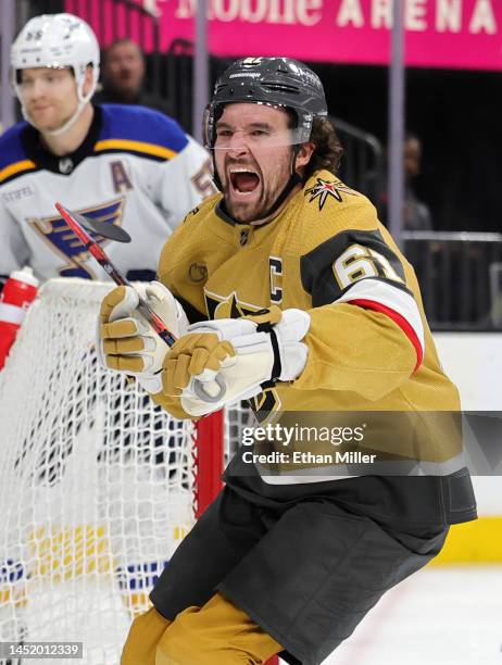 Mark Stone of the Vegas Golden Knights celebrates his second-period goal against the St. Louis Blues during their game at T-Mobile Arena on December...
