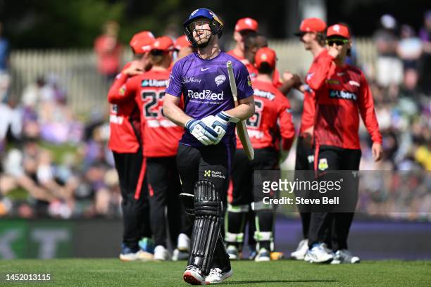 James Neesham of the Hurricanes leaves the field after being dismissed during the Men's Big Bash League match between the Hobart Hurricanes and the...