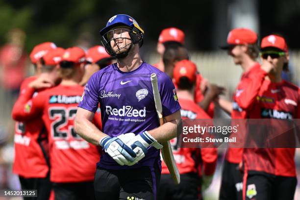 James Neesham of the Hurricanes leaves the field after being dismissed during the Men's Big Bash League match between the Hobart Hurricanes and the...