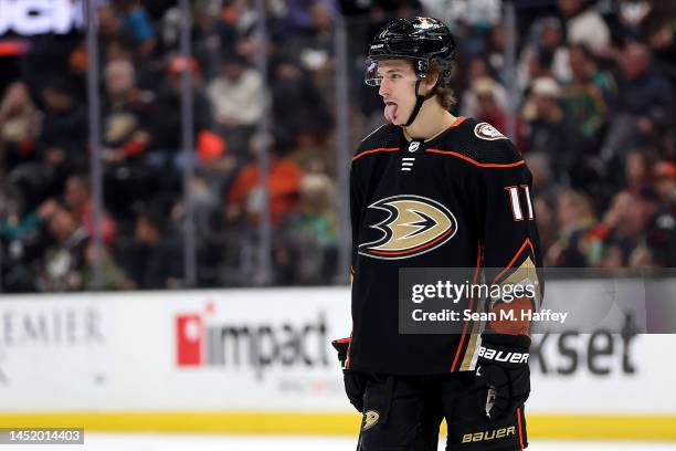 Trevor Zegras of the Anaheim Ducks looks on during the second period of a game against the Calgary Flames at Honda Center on December 23, 2022 in...