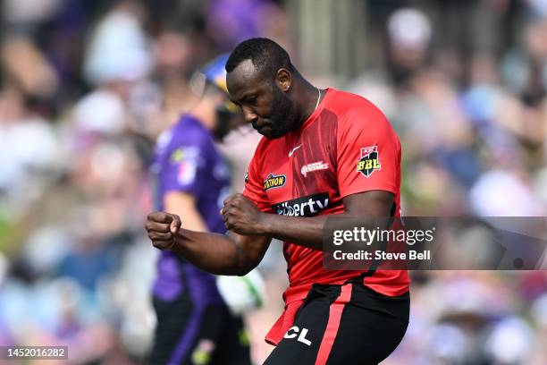 Andre Russell of the Renegades celebrates the wicket of Asif Ali of the Hurricanes during the Men's Big Bash League match between the Hobart...